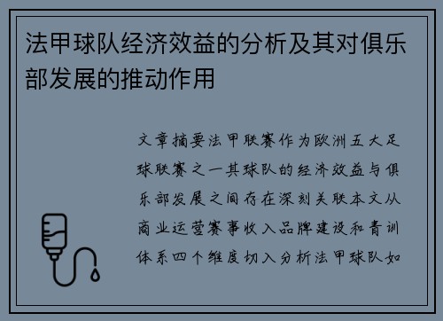 法甲球队经济效益的分析及其对俱乐部发展的推动作用